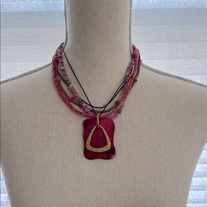 Multi-Strand Necklace with Geometric Pendant Pink Red and Gold